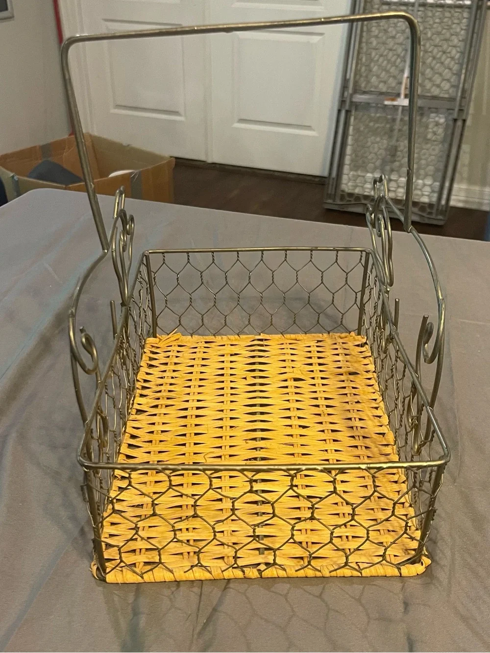 Two-Tone Wire Basket with Woven Natural Base - Gold Metal, Natural